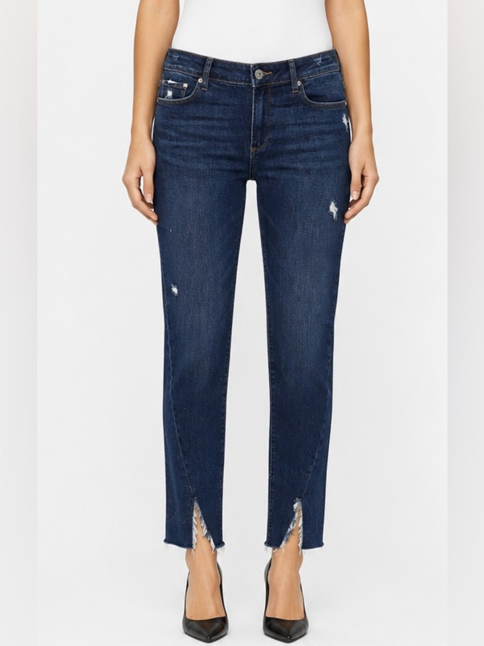 PAIGE Dark Indigo Distressed Ankle Jeans